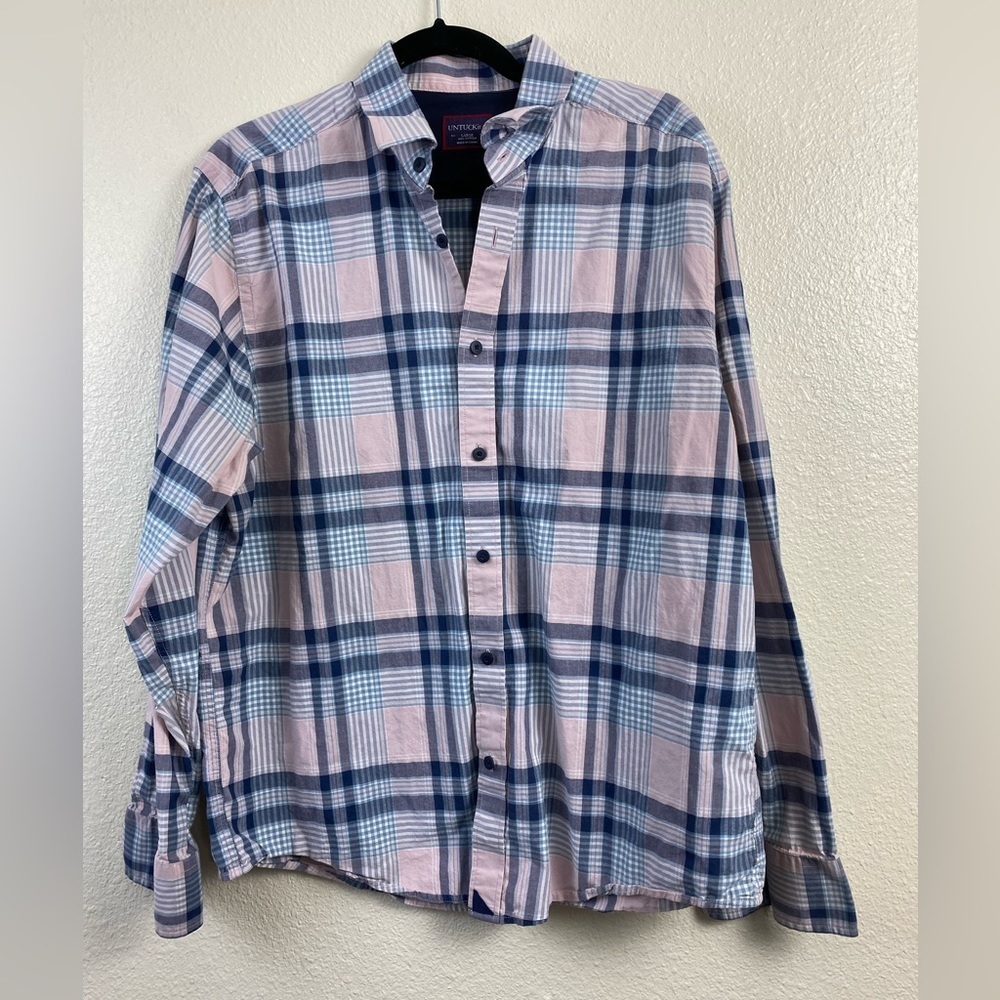 Untuckit Durella Plaid Long sleeve Shirt Mens Large Button Down pink Blue Cotton
